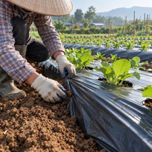 Bạt phủ nông nghiệp màu đen trải trên luống rau để che đất