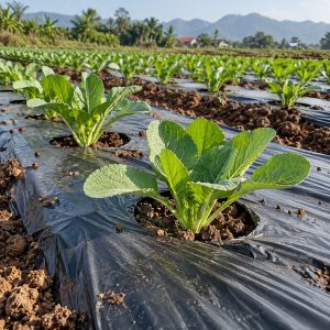 Màng phủ nông nghiệp màu đen trải trên luống rau với các lỗ trồng