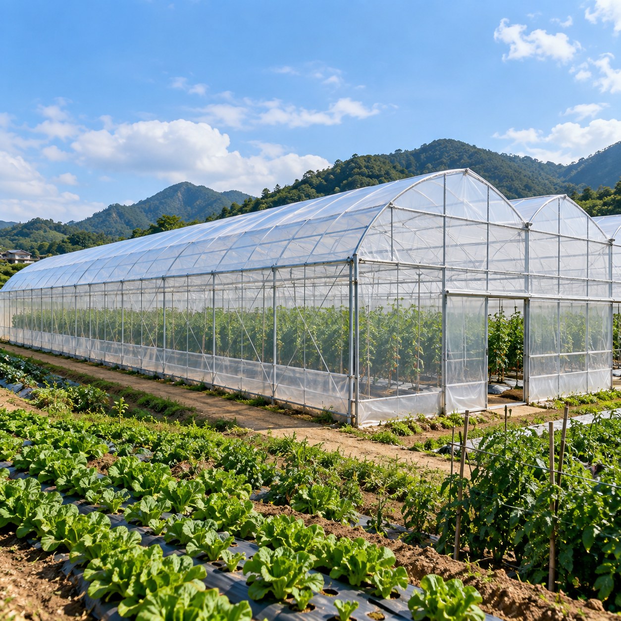 Màng Ginegar được lắp phủ trên nhà kính Màng Ginegar phủ trên khung nhà kính trồng rau