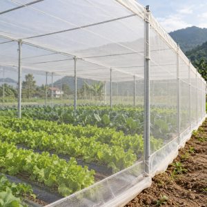 Màng nhà lưới bao quanh khu trồng rau thông thoáng