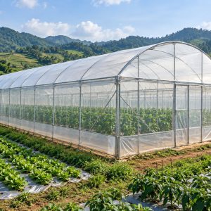 Màng nhà kính Israel PE phủ trên khung nhà trồng rau trong khu canh tác