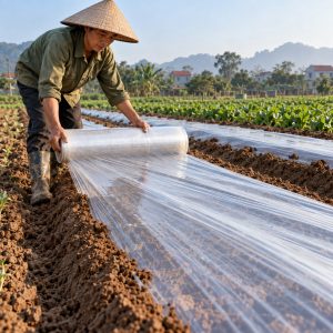 Màng phủ ni lông nông nghiệp trải trên luống trồng và được cố định ở hai mép