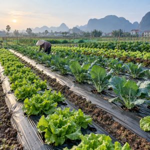 Màng phủ trồng rau trải trên luống đã chuẩn bị, mép màng được căn đều hai bên