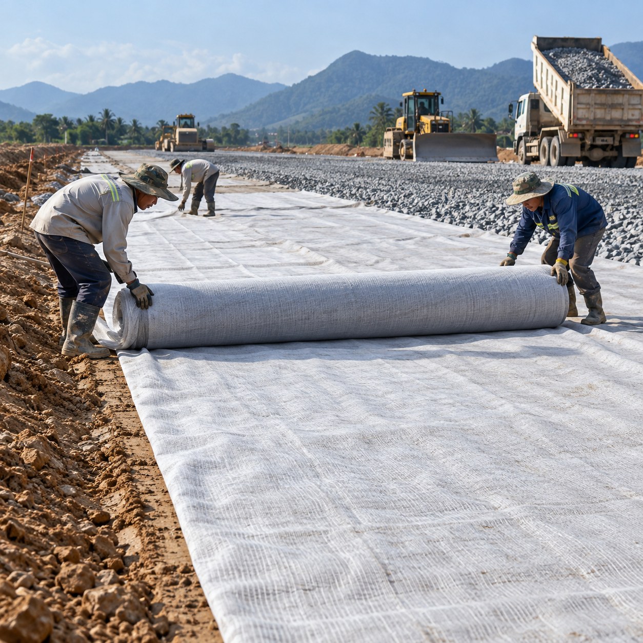 Vải địa kỹ thuật trải làm lớp phân cách và lọc Vải địa kỹ thuật được trải trên nền đất trước khi phủ lớp vật liệu xây dựng