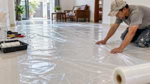 Bạt nhựa lót sàn phủ lên nền gạch trong nhà đang sửa chữa