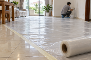 Tấm bạt bảo vệ trải trên sàn gạch trong nhà đang cải tạo