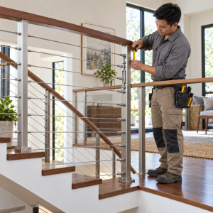 Cáp an toàn cầu thang bằng inox và điểm liên kết lan can được thợ kiểm tra