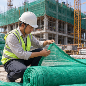 Nhân viên kiểm tra cuộn lưới xanh dùng cho công trình xây dựng