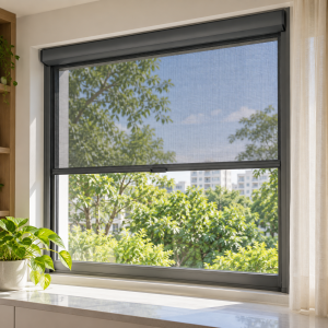 Cửa lưới chống muỗi tự cuốn có hộp trên và ray dẫn hai bên cửa sổ