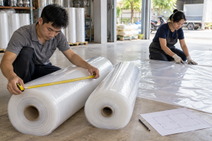 Nhân viên đo khổ cuộn bạt nhựa trải sàn bằng thước dây