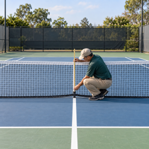 Đo kích thước lưới tennis bằng thước ở giữa sân