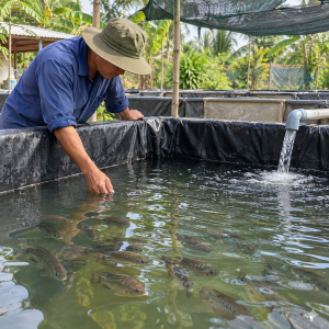 Cá rô đồng trong bể bạt tại trang trại nuôi thủy sản