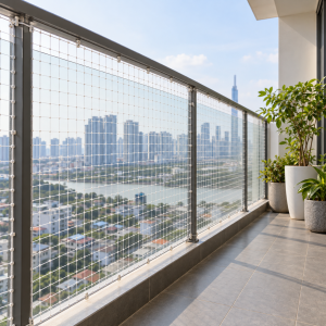 Lưới an toàn ban công chung cư dạng lưới sợi đan cố định bên trong lan can