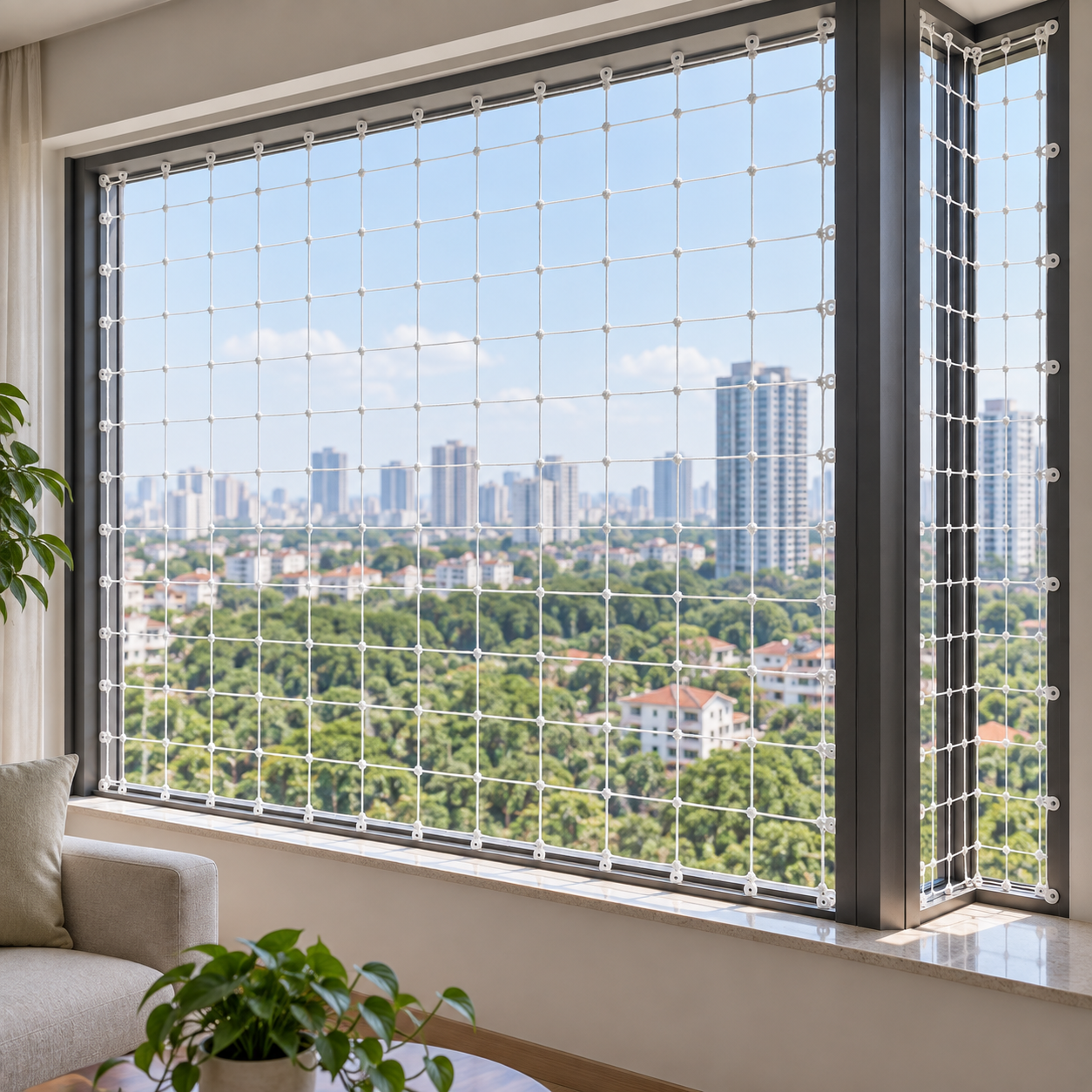 Lưới an toàn cửa sổ dạng lưới sợi đan lắp bên trong khung cửa căn hộ