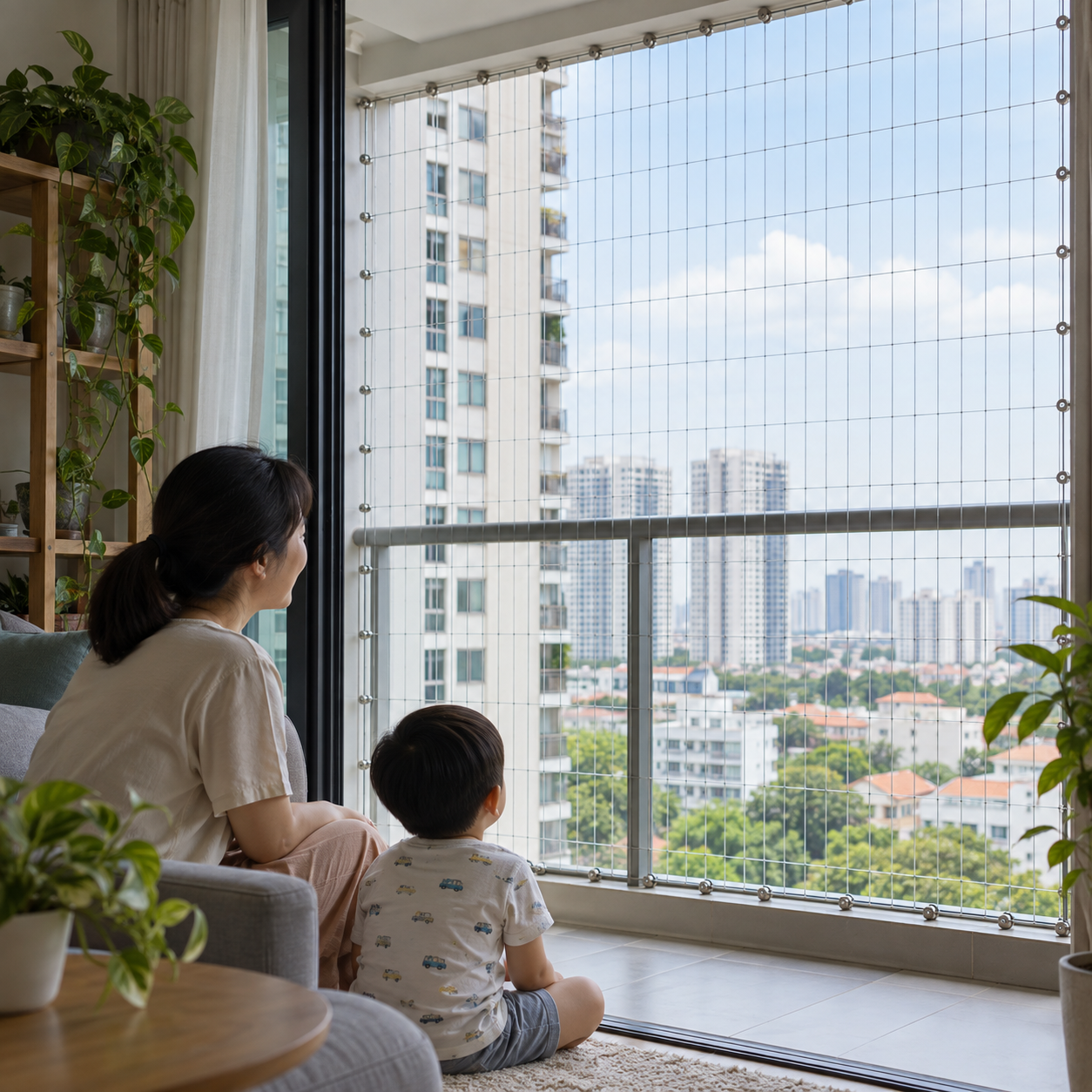 Lưới bảo vệ ban công dạng cáp căng tại căn hộ chung cư
