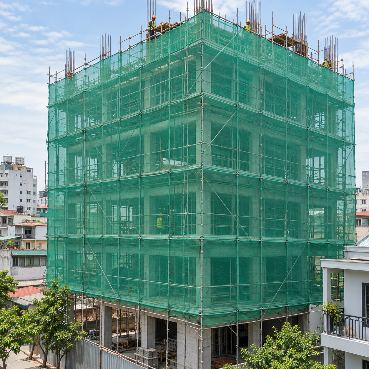Lưới chắn bụi công trình màu xanh bao quanh giàn giáo mặt ngoài