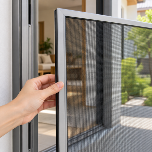 Lưới chống muỗi màu đen căng trong khung nhôm cửa sổ mở ra khu vườn
