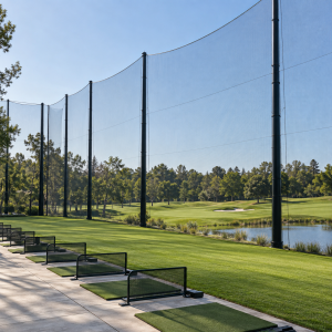 Lưới sân golf cao bao quanh khu tập trên nền cỏ