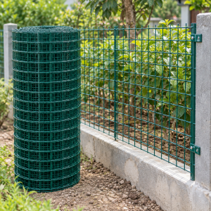Lưới thép bọc nhựa màu xanh dạng cuộn và hàng rào mắt vuông được lắp cạnh vườn