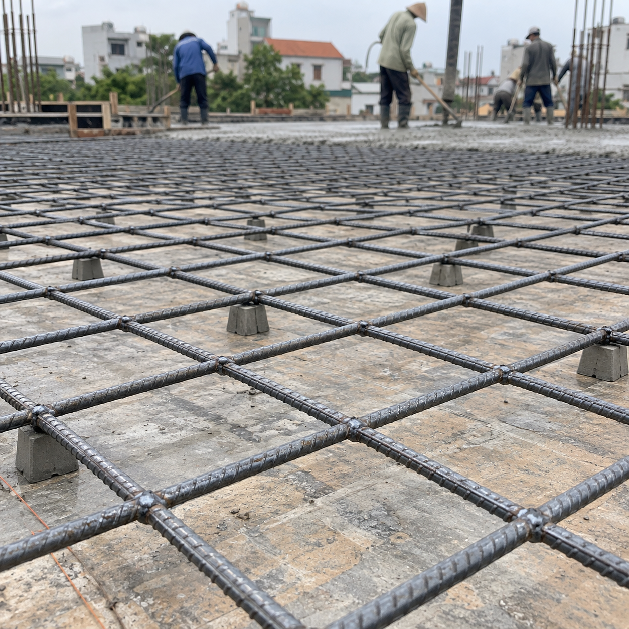 Lưới thép hàn đổ bê tông dạng ô vuông được kê trước khi đổ