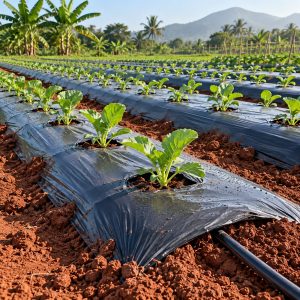Màng phủ nông nghiệp màu đen trải trên luống rau non với dây tưới nhỏ giọt
