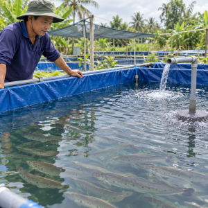 Nuôi cá thác lác trong bể bạt tại trang trại thủy sản