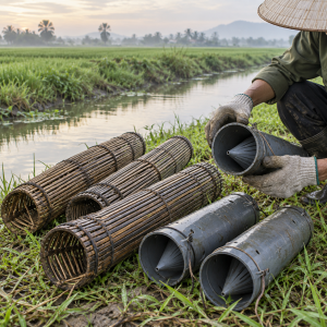 Ống lươn tre và PVC minh họa bên bờ mương