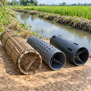 Giá trúm lươn và các mẫu trúm tre, nhựa, PVC đặt cạnh nhau